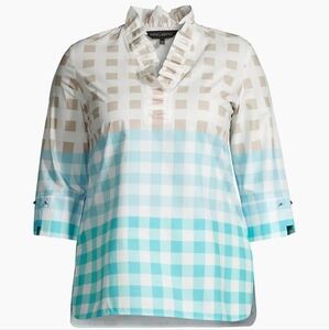 NWT Size M Ming WangRuffled Cotton Gingham Blouse